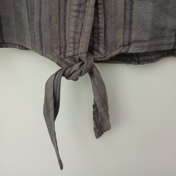 Olive Green Striped Linen Blend Button Down Tie Front Midriff Top Sz L - Picture 3 of 9